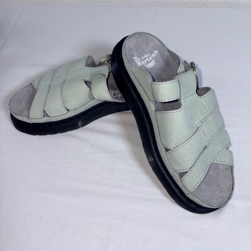 Dr. Martens Maxxy slide Sandals Sage Green Leather Buckle Platform  AirWair